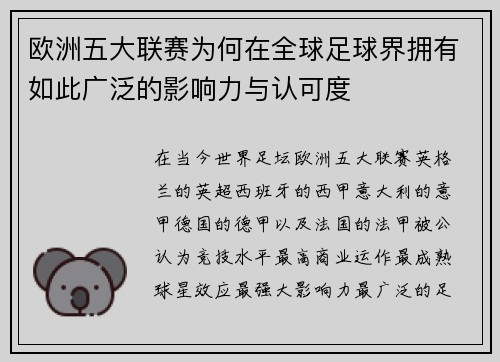 欧洲五大联赛为何在全球足球界拥有如此广泛的影响力与认可度